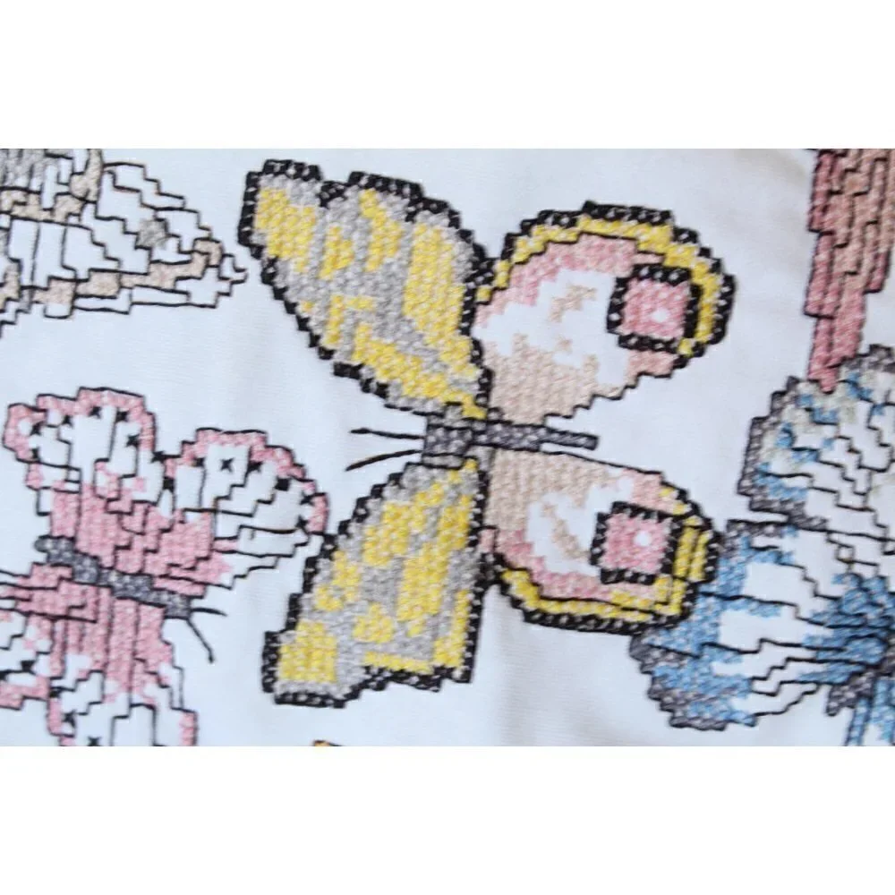 Handmade Butterflies Needlepoint Pillow cross stitch Multicolor Lace edges